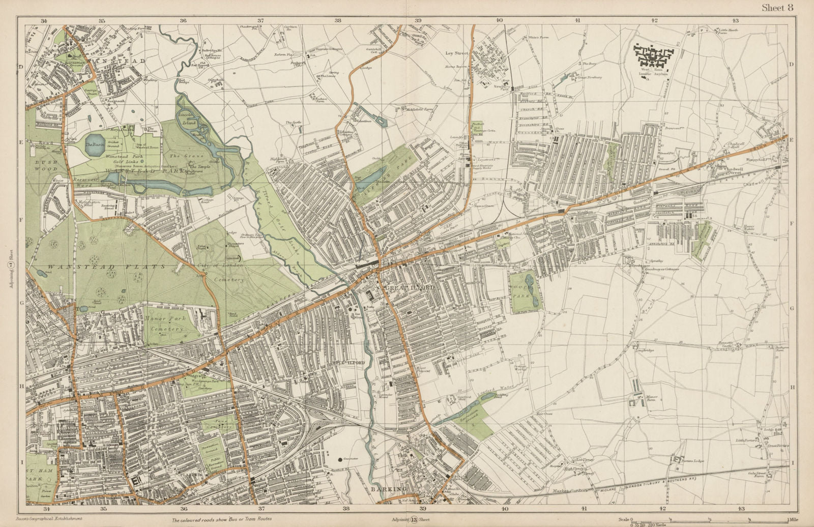 WANSTEAD ILFORD BARKING Forest Gate Seven Kings Chadwell Heath. BACON  1919 map
